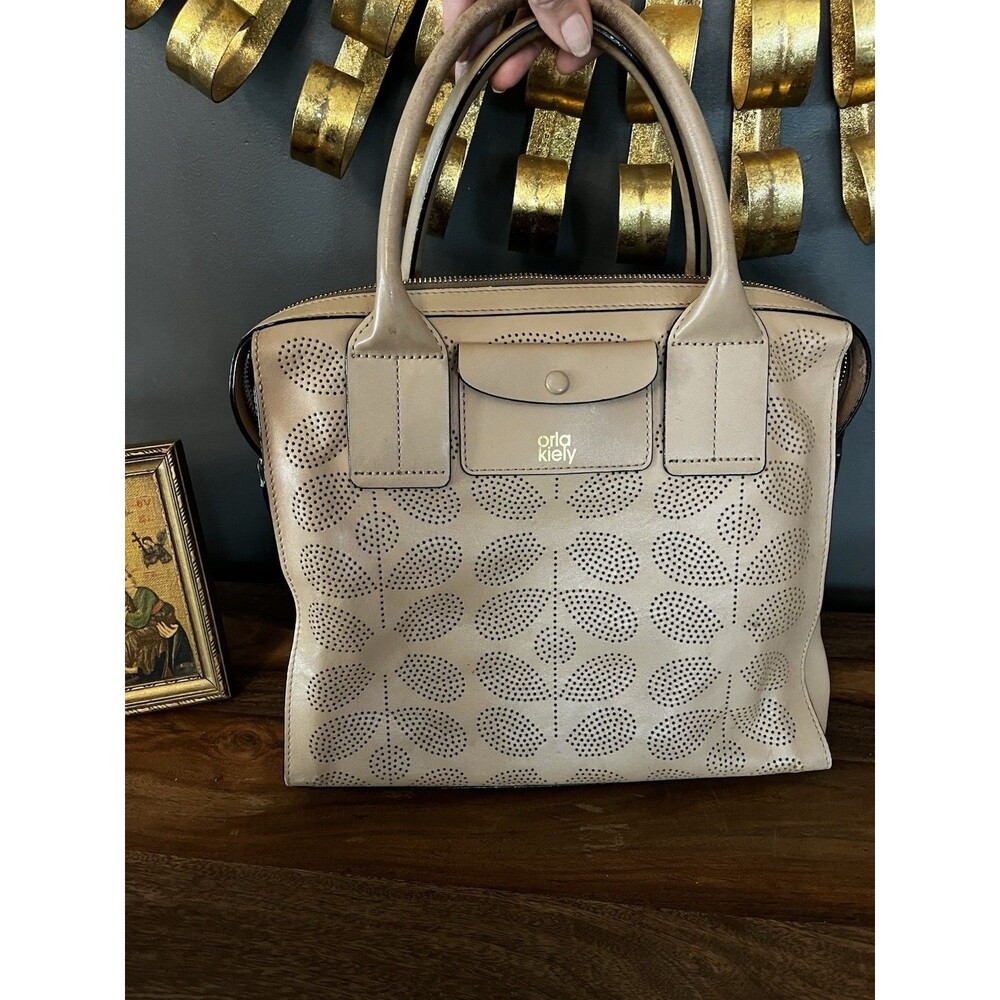 Orla Kiely Sixties Stem Punched Tan Leather "Margot" Handbag Purse Floral Bag
